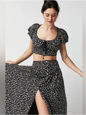 Free People Womens Easy to Love Black Floral Midi Crop Top Set Outfit Small